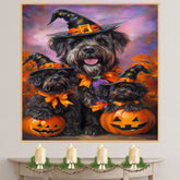 Bouvier des Flandres Halloween Canvas Wall Art with Pumpkins and Witch Hat Rustic Fall Decoration for Dining Rooms on Ready to Hang 1.5" Thick Canvas Wrap, Floating Framed Canvas, Flat Rolled Canvas